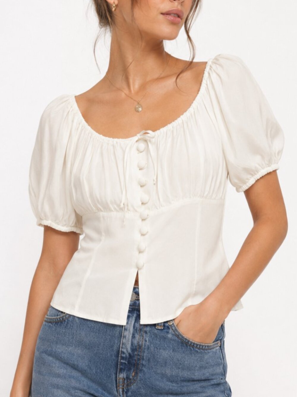 Vintage 90s Ivory Peasant Blouse Puff Sleeve Covered Button Top